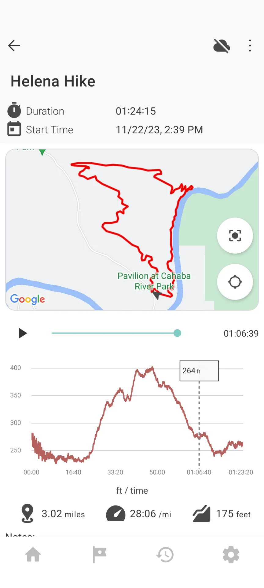 Screenshot of workout history in Topfit. Shows stats and map for a hike.